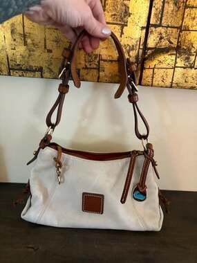 Dooney & Bourke White Pebble Leather Small Hobo Bag with Brown Trim